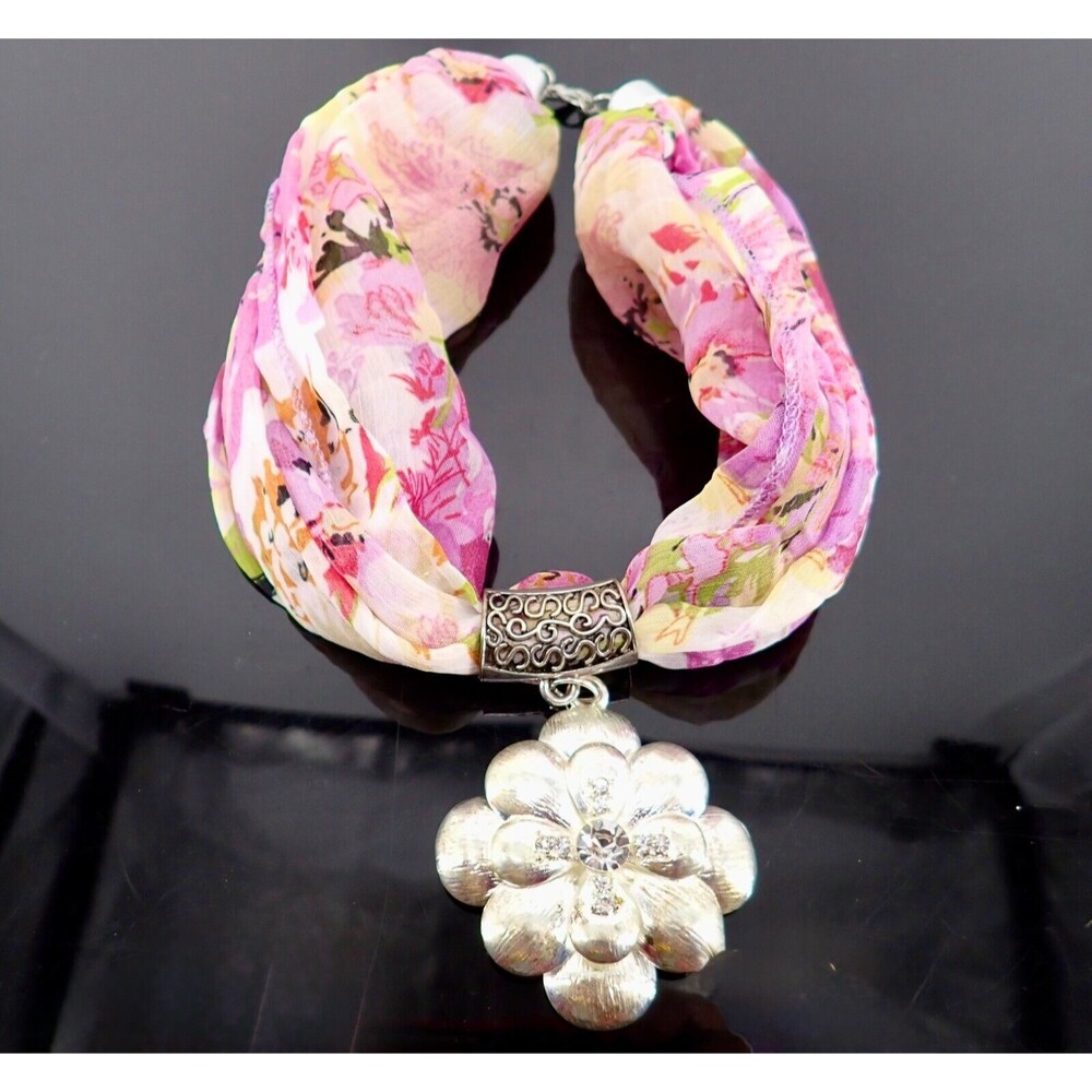 Pink Floral Scarf Necklace Silver tone Shimmer Slide Pendant Adjustable Sizing